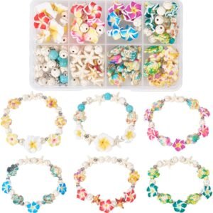 1 Box 159Pcs DIY 6 Sets Bracelet Making Kits Plumeria Flower Beads Polymer Clay Hawaiian Flowers Starfish Sea Turtle Beach Ocean Summer Beads for Jewelry Making Kits Adult Women Gifts