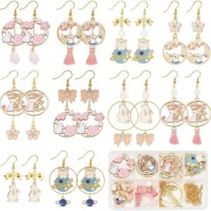 1 Box DIY 10 Pairs Easter Rabbit Charms Enamel Bunny Charm Earring Making Starter Kit Cute Animal Planet Charm Sewing Tassels Sakura Petal Flower Charms for Jewelry Making Kits Adult Women