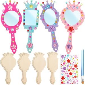 12 Pack Wooden Mirror Craft for Kids, DIY Princess Mirrors for Girls, Paint Wooden Hand Mirror for Art Activities