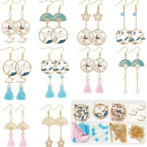 1 Box 10 Pairs Flower Dangle Making Starter Kit Fan Charm Cloud Charms Bulk Crane Bird Charms Glass Beads for Jewelry Making Kits Beginners Adults Women DIY Dangle Earrings Crafts Supplies