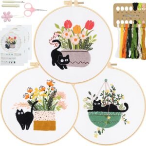Embroidery Kit for Beginners Set of 3, DIY Hand Stamped Embroidery Kits for Adults and Starter with Cat, Floral, Plants Patterns, Step by Step Instructions and Video Tutorial