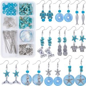 1 Box DIY 10 Pairs Starfish Mermaid Turquoise Earring Making Starter Kit Ocean Beach Summer Theme Earrings Synthetic Turquoise Beads Turtle Fish Crab Slipper Charm for DIY Jewelry Making
