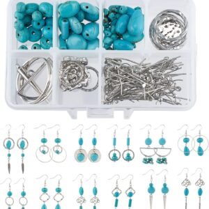 1 Box DIY 10 Pairs Turquoise Beads Earring Making Kit 8 Shapes Turquoise Beads Charms Hammered Feather Heart Pendants & Earring Hooks for Jewelry Craft Supplies Adults Women