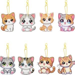 8 Pieces Diamond Painting Keychain Animal Diamond Art Jewelry Double-Sided 5D Diamond Painting Kit for Beginners Adult DIY Art Craft Gift Home Decor (Cat)