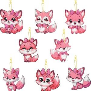 8 Piece 5D DIY Animal Diamond Painting Keychain Set, Pink Fox Diamond Pendant Hanging Animal Art Decoration for Adult Beginner Pack Birthday Family Party Decoration