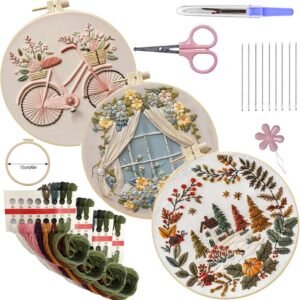 3 Pack Funny Bicycle Flower Embroidery Kit - Floral Hand Embroidery Kit for Beginners with Pattern, Complete Cross Stitch Supplies DIY Hand Craft for Adults Sewing Hobby, 1pc Hoops
