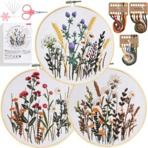 3 Pack Embroidery Kit for Beginners, Needlepoint Cross Stitch Kits for Adults,Needle Point Sets with Stamped Wild Flower Pattern Stitch Video Tutorial