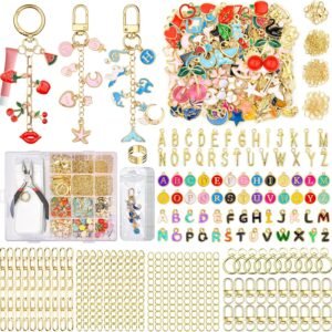 656Pcs Keychain Making Kit: Gold Jewelry Making Supplies Including 198 Charms 30 Keychain Clips with Organizer Box, Lip Gloss Key Chain Kits, Cute Bag Charm Kit for Backpacks DIY Crafts Accessories